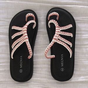 MEGNYA Black Soles Sandals with Pink & Off White  Braided Straps NWOT